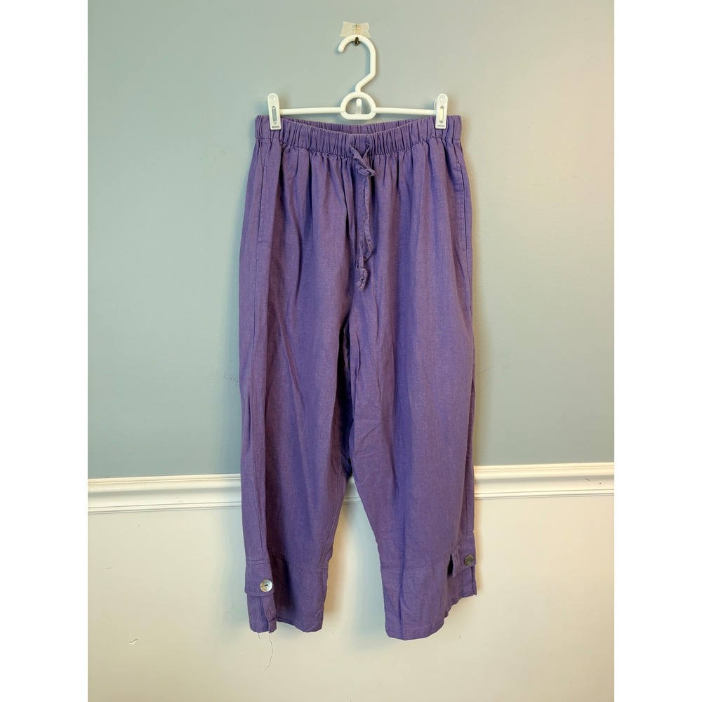 Shermarke Purple Linen Blend Cropped Wide Leg Pants Coastal Resort Free Size